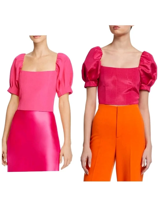 Alice + Olivia Joslyn Pink Puff Sleeve Cropped Top Size 2 - Picture 7 of 8